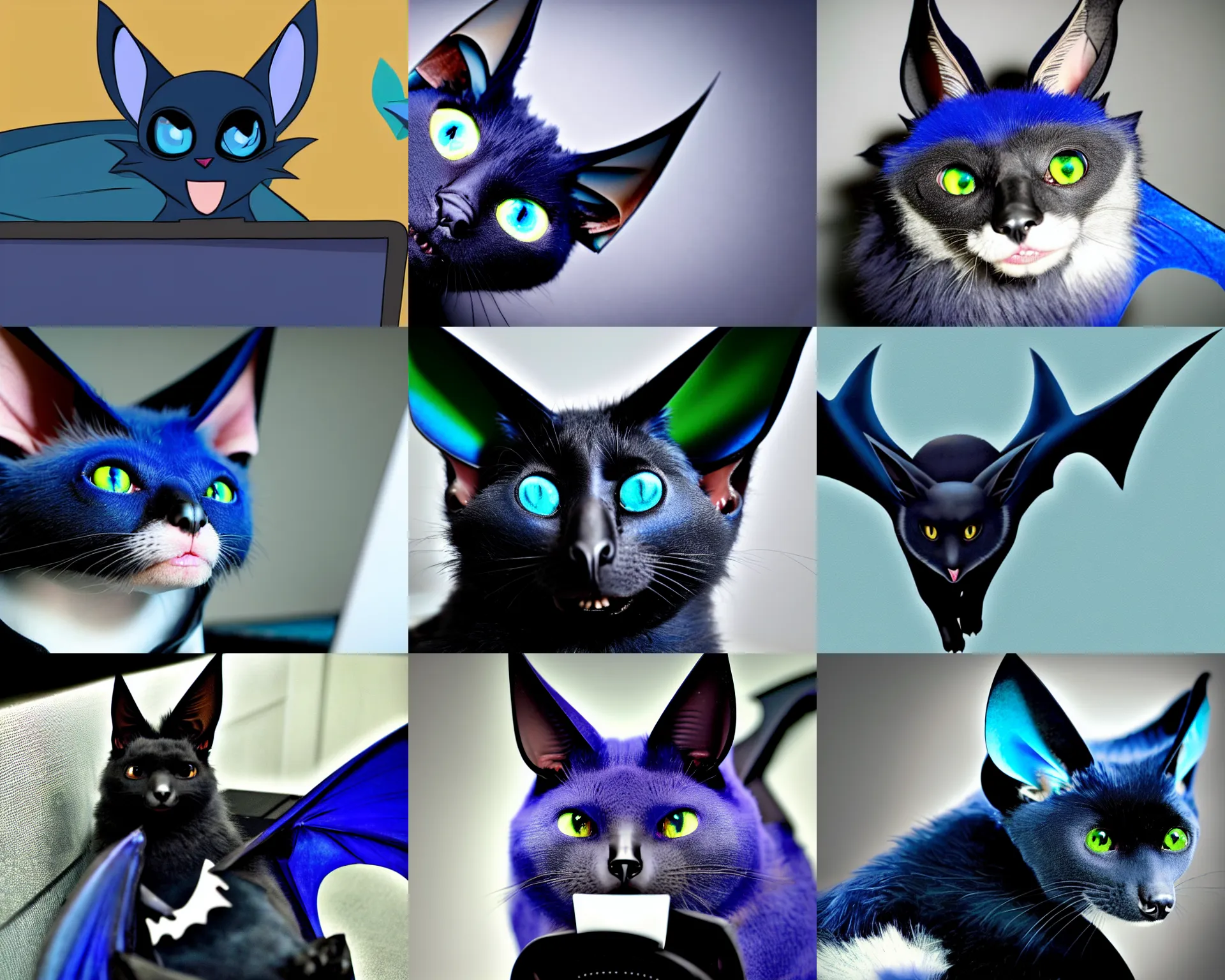 Prompt: a blue - and - black male catbat fursona with blue / green heterochromatic eyes and huge bat ears, photo of the catbat on his computer