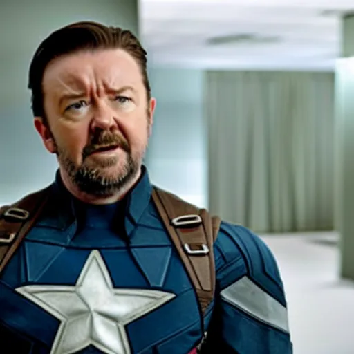 Image similar to a film still of ricky gervais as captain america