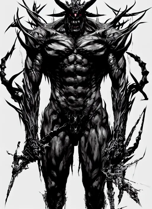 Image similar to A full body portrait of a scary demon with thousand eyes all over the body. In style of Yoji Shinkawa and Hyung-tae Kim, trending on ArtStation, dark fantasy, great composition, concept art, highly detailed.