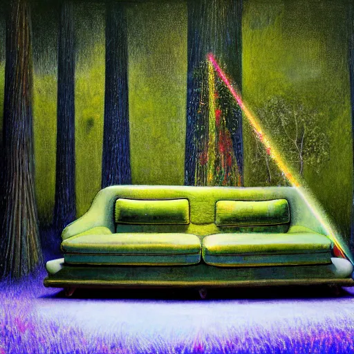 Image similar to psychedelic couch sofa in the lush pine forest, milky way, designed by arnold bocklin, jules bastien - lepage, tarsila do amaral, wayne barlowe and gustave baumann, cheval michael, trending on artstation, canada, star, sharp focus, colorful refracted sparkles and lines, soft light, 8 k 4 k