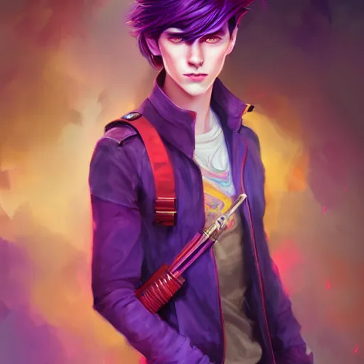 Image similar to colorful and festive captivating teenager boy with straight purple hair, purple eyes with red eye markers, slim body, wearing japanese combat clothes. rich vivid colors, ambient lighting, dynamic lighting, 4 k, atmospheric lighting, painted, intricate, highly detailed by charlie bowater