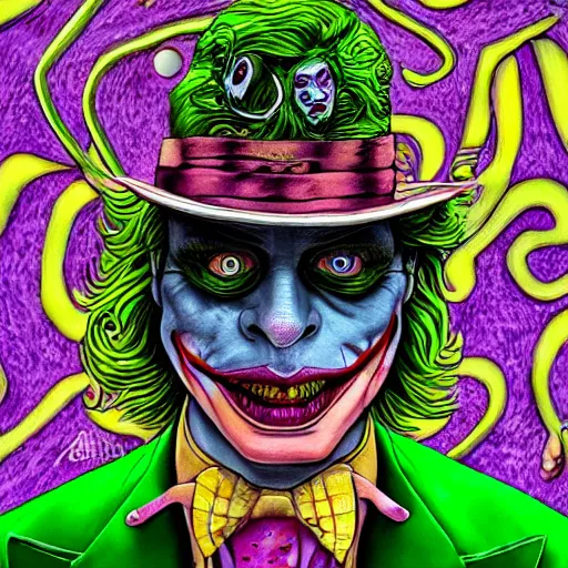 Image similar to an extremely psychedelic portrait of the riddler as the joker, surreal, lsd, face, detailed, intricate, elegant, lithe, highly detailed, digital oth, sharp focus, illustration,