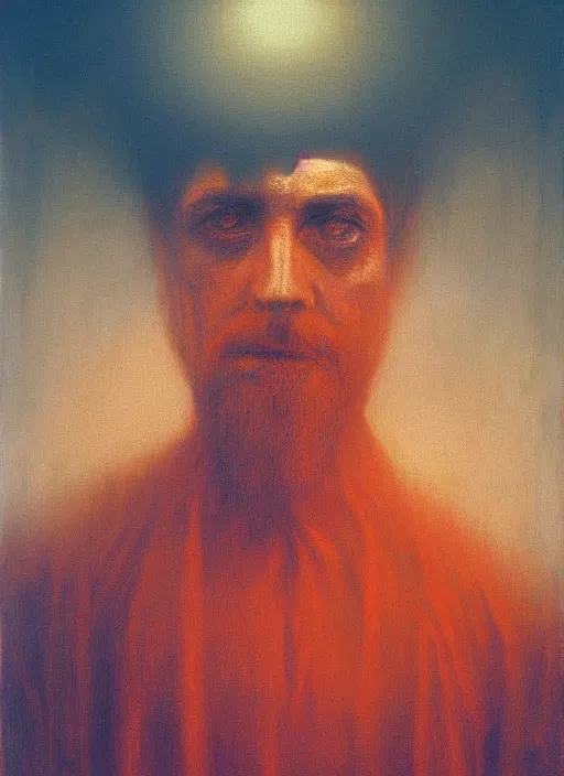 Prompt: king of hell paints a self portrait, symmetric lights and fog, in the style of zdzislaw beksinski, glowing light and shadow, hyperrealist, 8 k