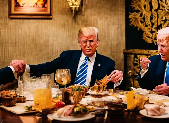 Image similar to Trump and Biden having dinner at a fancy Balinese restaurant, award winning cinematic photography, 50 mm, blurred background, trending on twitter