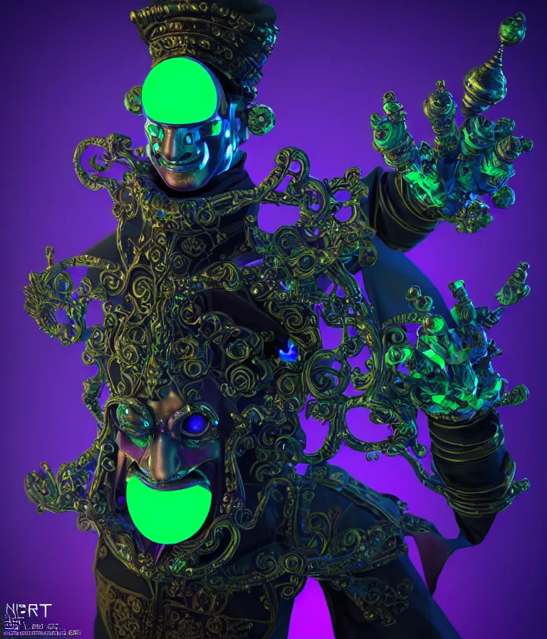 Image similar to front!!! shot of a court jester!!! character, hyperdimensional, bioluminescent hypercubes, dark holography!!!, future, chrome, (((intricate))), (octane render, nvidia raytracing demo), elegant, highly detailed, centered, (((artstation, concept art, smooth, sharp focus, artgerm, Tomasz Alen Kopera, Peter Mohrbacher, donato giancola, Joseph Christian Leyendecker, WLOP, Boris Vallejo))), mugshot!!!!!, ugly!!!!!!, octane render, nvidia raytracing demo, octane render, nvidia raytracing demo, octane render, nvidia raytracing demo, grainy, muted, 8K, digitalblasphemy, metatron