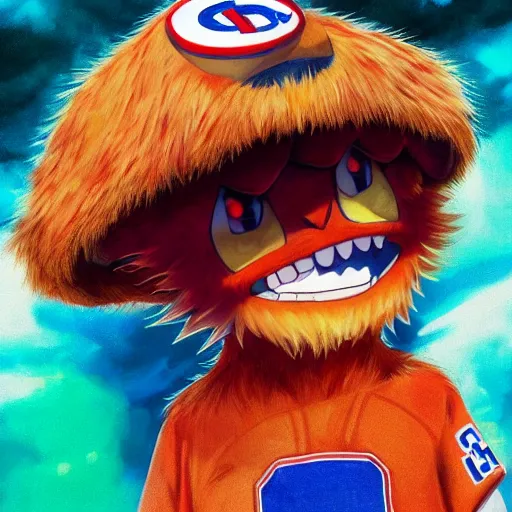 Image similar to anime Portrait of Youppi the Habs Montreal Canadiens Mascot as a very cute powerful and friendly pokemon, highly detailed anime, high evolution, 1990s, legendary, smooth, sharp focus, dynamic lighting, intricate, trending on ArtStation, illustration pokemon, art by WLOP