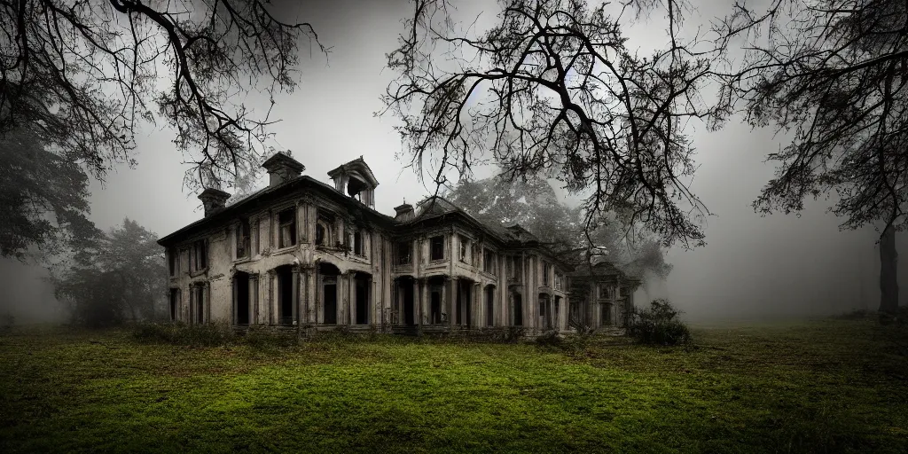 Image similar to a haunted old villa in the middle of an ancient forest, ominous Sky, gloomy atmosphere, cinematic, mist, High definition, 8k, ultra detailed