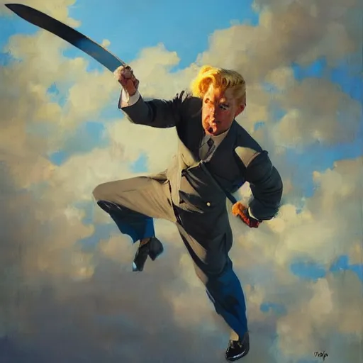 Image similar to greg manchess portrait of a blond man in a blue suit swinging overhead with a sword, organic painting, sunny day, matte painting, bold shapes, hard edges, street art, trending on artstation, by huang guangjian, gil elvgren, ruan jia, randy vargas, greg rutkowski