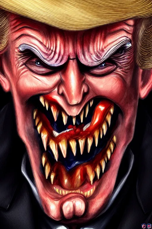 Prompt: donald trump dracula, fangs, character portrait, close up, concept art, intricate details, hyper realistic, in the style of otto dix and h. r giger