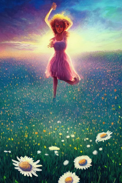 Image similar to giant white daisy flower face, girl dancing in a flower field, surreal photography, sunrise, dramatic light, impressionist painting, colorful clouds, digital painting, artstation, simon stalenhag