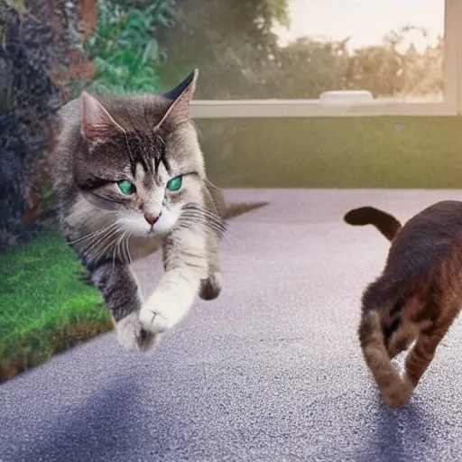 Prompt: a giant cat chasing after a little dog, little dog running away fast from the scary cat