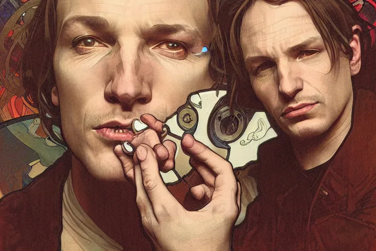 Prompt: hyper realistic portrait of the bends singer songwriter, by lee bermejo, alphonse mucha and greg rutkowski