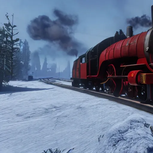 Image similar to futuristic sleek steam locomotive in red dead redemption 2