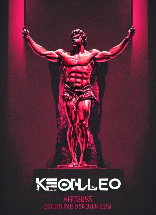 Prompt: design poster showing a statue of hercules, black background with very subtle red and purple design elements, powerful, nekro, vito acconci, thin straight lines, dark, glitch art, neo vaporwave, gritty, layout frame, square, trending on artstation