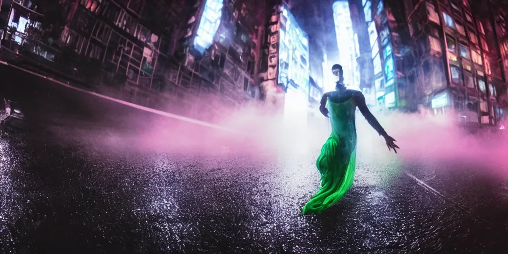 Image similar to fisheye lens slow motion with trail effect of futuristic break dancer wearing floating long dress with neon lights, long exposure shot , at night in the middle of a rainy wet street, paddle of water, steam, fog, water splashes, rim lights, glossy reflections, water droplets on lens, octane render, dark and dramatic, fire explosions in the background, detailed and soft, fisheye lens, smooth, sharp focus, illustration, art by artgerm and greg rutkowski and Annie Leibovitz, graphic glitches, vogue, editorial fashion photography