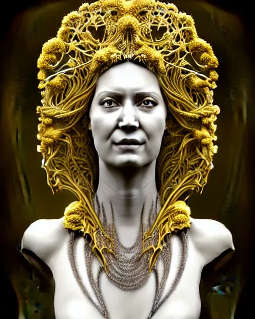 Image similar to bw 3 d render of a beautiful female queen - cyborg - vegetal, intricate fractal ornament in the bust with a very long neck, elegant, highly detailed intricate rococo ornament in her blond long hair, realistic, refined, highly detailed, cinematic outdoor lighting, by flora borsi in the style of dora maar, volumetric lighting, hyper realistic photography