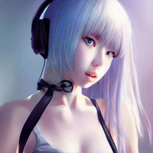 Image similar to realistic teasing detailed semirealism beautiful gorgeous cute Blackpink Lalisa Manoban white hair white cat ears blue eyes, wearing black camisole outfit, headphones, black leather choker full HD 4K high resolution quality WLOP, Aztodio, Taejune Kim, Guweiz, Pixiv, Instagram, Artstation