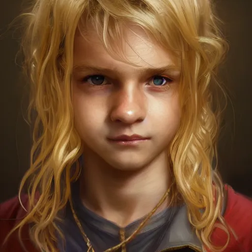 Image similar to portrait of a young boy thief in the slums of a fantasy city, dirty blonde hair, d & d, fantasy, joyful smirk, intricate, elegant, highly detailed, digital painting, artstation, concept art, matte, sharp focus, illustration, art by artgerm and greg rutkowski and alphonse mucha