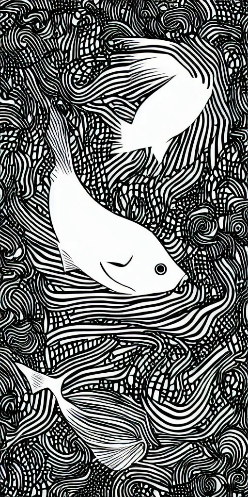 Prompt: illustration vector fine line art of a white fish on a full black background, very simple