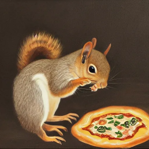 Prompt: a painting of a squirrel in kimono eating pizza in baroque style