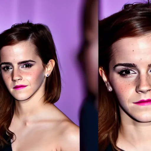 Image similar to Emma Watson with glowing purple eyes