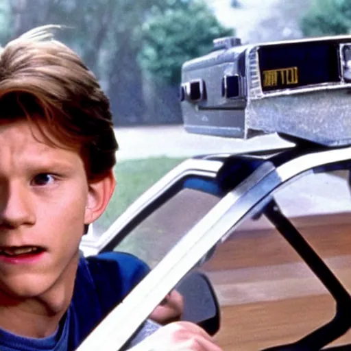 Image similar to Still of Tom Holland as Marty mcfly in back to The Future 1985 movie