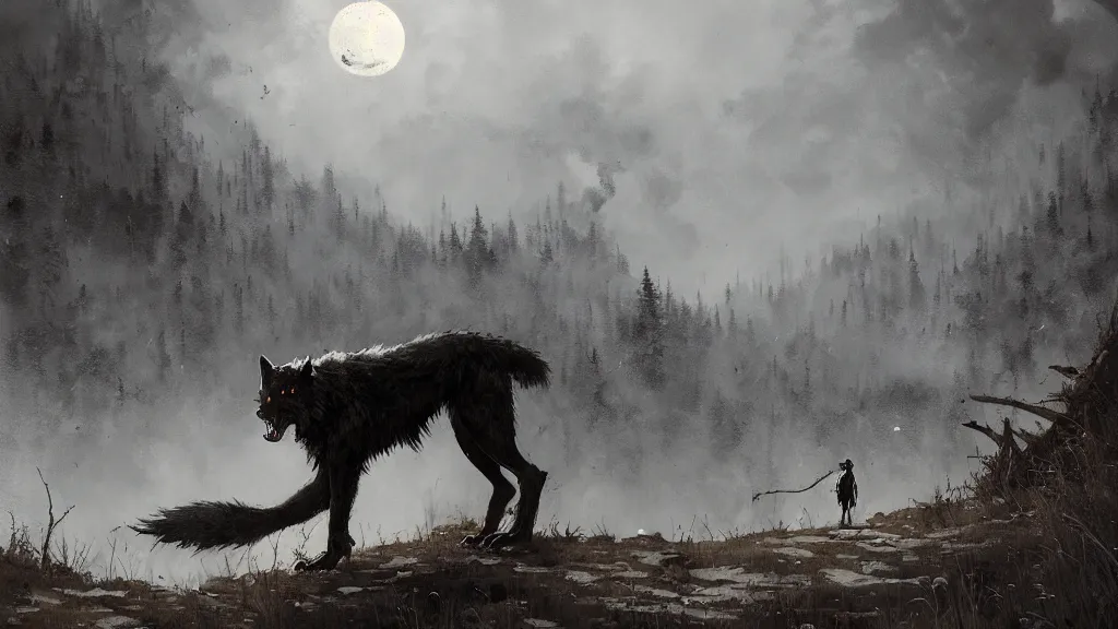 Image similar to a lone werewolf in a stunning landscape by jakub rozalski