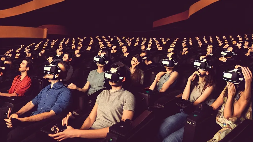 Image similar to people in a busy very dark movie theatre, all of they are wearing vr headsets with art direction by salvador dali, wide lens