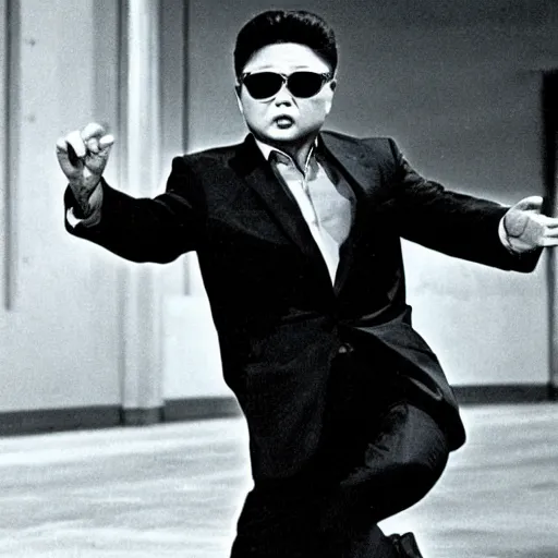 Prompt: Kim Jong-il in the role of James Bond, action filmstill, 1960s spy, Walther PPK, iconic James Bond shot
