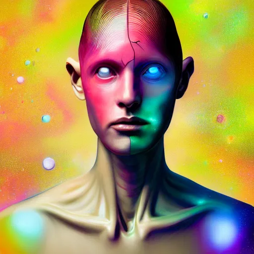 Image similar to I've discovered life, scientist, ecstatic, infinite power, manic, perfect eyes, full body shot, chemical structures, atoms, molecules, portrait, energized face, noble, transformation, vivid colors, elegant, concept art, sharp focus, digital art, Hyper-realistic, 4K, Unreal Engine, Highly Detailed, HD, Dramatic Lighting by Brom, trending on Artstation