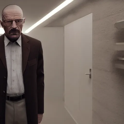 Image similar to Walter White stabs Gustavo Fring in the back, photorealistic, cinematic lighting,