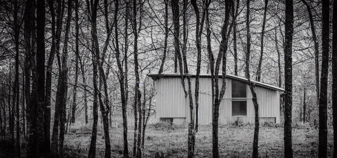 Prompt: portrait lonely modern house, in the wood, monochrome, analogue photo quality, blur, unfocus, cinematic, 35mm, sun reflections effect, noise effect