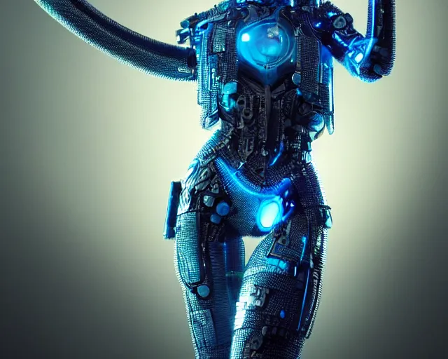 Image similar to funny blue eyes goth queen in cyborg cable suit, intricate abstract. intricate artwork, by tooth wu, wlop, beeple, dan mumford. concept art, octane render, trending on artstation, greg rutkowski very coherent symmetrical artwork. cinematic, key art, hyper realism, high detail, octane render, 8 k, iridescent accents