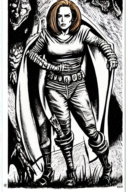 Image similar to dana scully as a d & d monster, full body, pen - and - ink illustration, etching, by russ nicholson, david a trampier, larry elmore, 1 9 8 1, hq scan, intricate details, stylized border