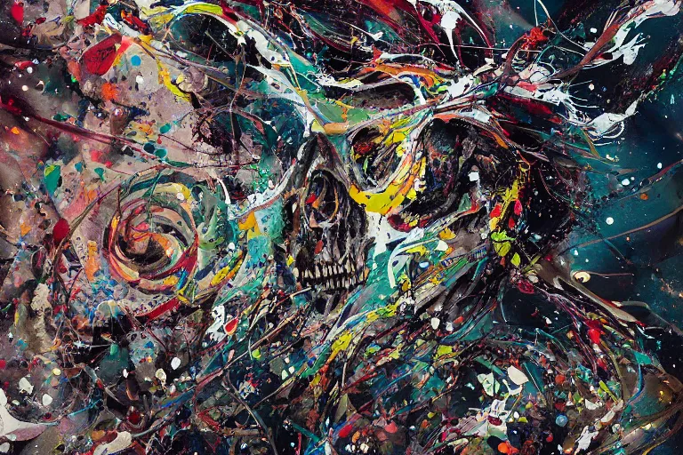 Image similar to a splattered action painting by jackson pollock showing a skull, ultradetailed, fine art painting, peter mohrbacher, moebius, skull carving, frottage, watercolor, acrylic, multilayered paint, spectacular splatter explosion, psychedelic art