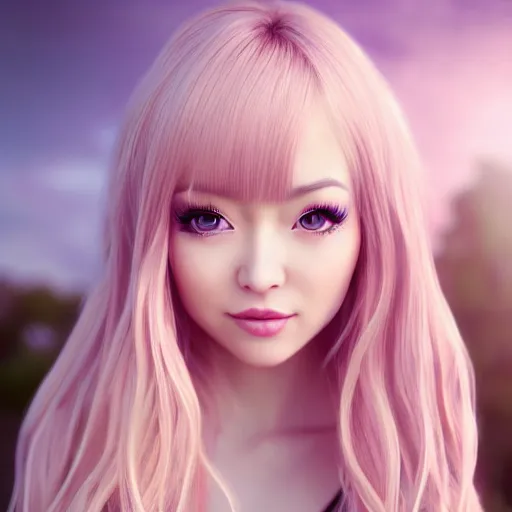 Image similar to beautiful intricate photograph of nikki from shining nikki dress - up game, a cute young woman, light pink hair, long hair with full bangs, full heart - shaped face, amber eye color, pale skin, light blush, chinese heritage,, smiling softly,, golden hour, soft focus, 8 k, hyperrealism, hyperdetailed