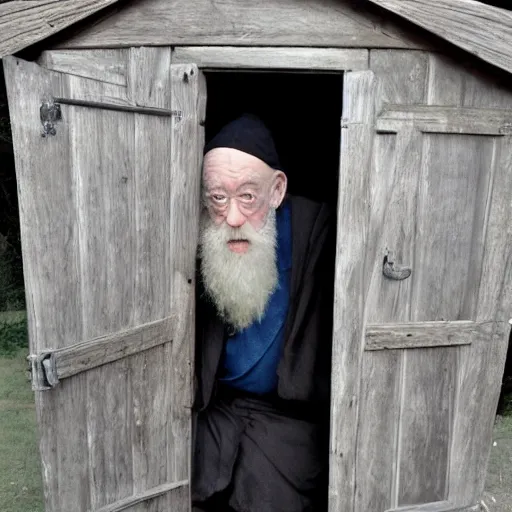 Prompt: Dumbledore sitting in an outhouse with a cigarette in his mouth, selfie