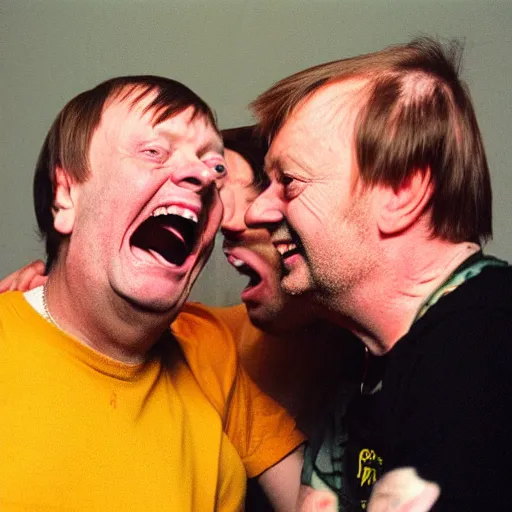 Image similar to Mark E Smith laughing at Fred Durst who is crying and screaming