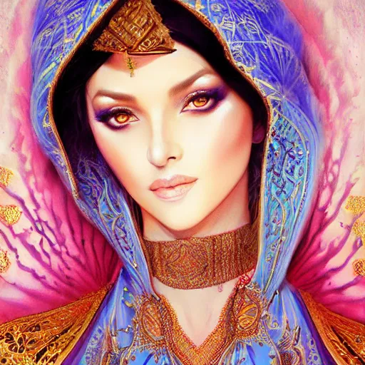 Image similar to a beautiful arabian woman wearing a kaftan by karol bak, ayami kojima, artgerm, arabian beauty, blue eyes, smile, concept art, fantasy