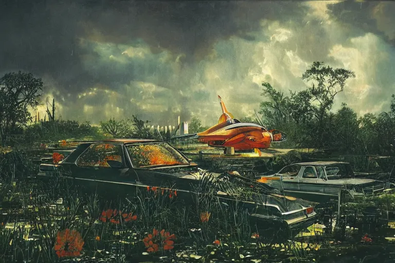 Prompt: hyperrealism, scene from church, thunderstorm, starship, junkyard, louisiana swamps, orange blooming flowers garden, 8 k, 8 0 s japanese sci - fi books art