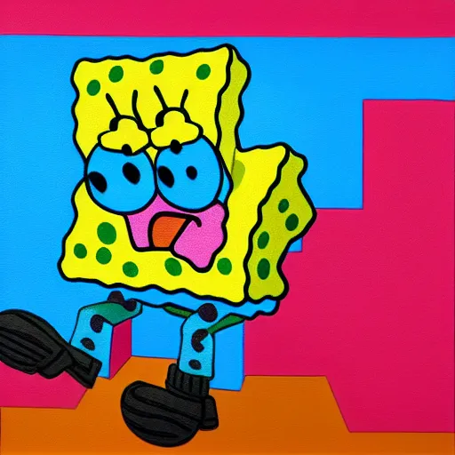 Image similar to an acrylic painting of SpongeBob, wild brush strokes, beautiful gradients, mixed media, award winning painter, symmetrical design 8k painted by KAWS