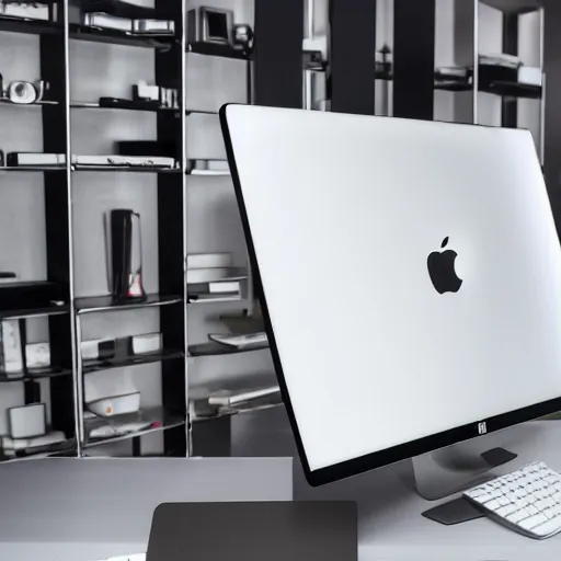 Image similar to product photoshoot of clean modern hand crafted mac monitor pro display xpr luxury smooth color metal white silver with black leather padding well design ultrareallistic detailed high quality 8 k photorealistic ultra realistic