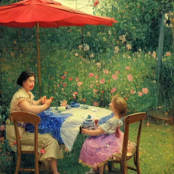 Image similar to a housewife and her daughter putting dishes on a table in the backyard, a tilted parasol sits above the table, a garden with colorful flowers in the background, rainy scene, cozy 1 9 5 0's, medium symmetry, by ilya repin, extreme detail, 8 k, intricate abstract, photorealistic