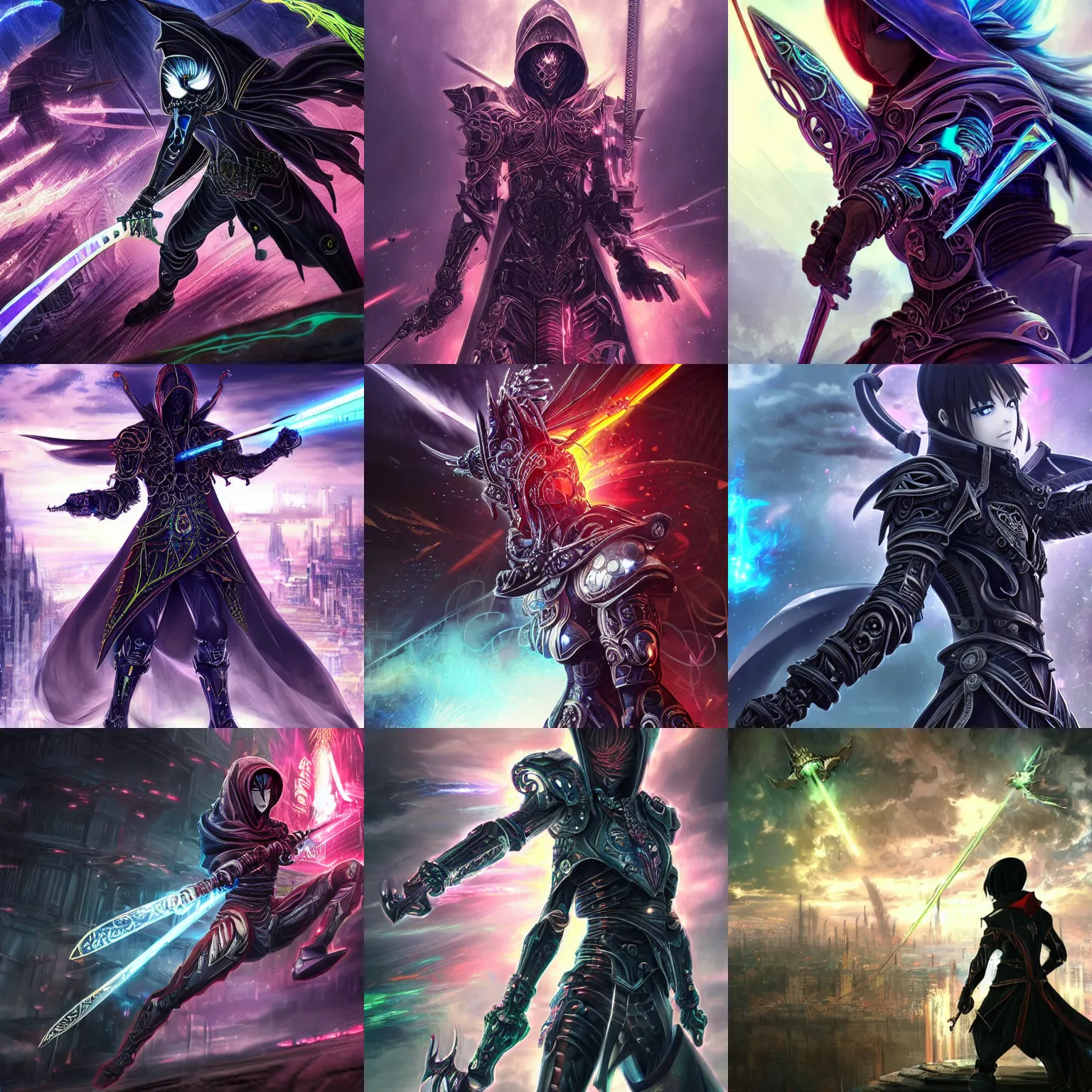 Prompt: Powerful intricate ornate cybernetic dark hooded assassin sword fighting the warrior god of chaos, beautiful high quality realistic anime CGI from Makoto Shinkai, fantasy, detailed, iridescent, technological, gothic influence, royal, colorful, epic, explosions of power, smoke, thunderous battle, fluorescent colors, epic, futuristic, intricate, dark, sparkling, megastructure in the background, water, smooth anime CG art, iridescent, fluorescent colors, animation, in the style of Makoto Shinkai