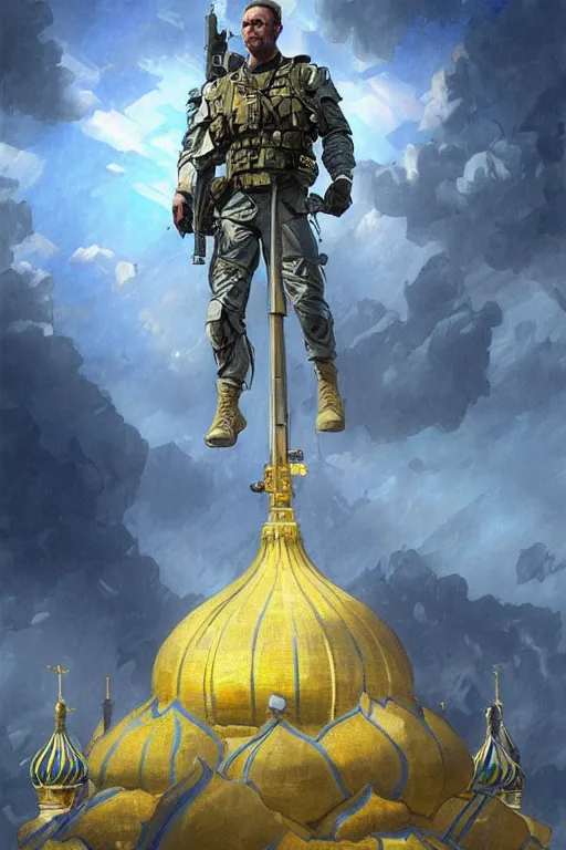 Image similar to special forces soldier raising ukrainian blue and yellow flag on st. basil cathedral, masculine figure, d & d, fantasy, bright atmosphere, volumetric lights, intricate, elegant, extremely detailed, digital painting, artstation, concept art, matte, smooth, sharp focus, hyper realistic, illustration, art by artgerm and greg rutkowski and alphonse mucha