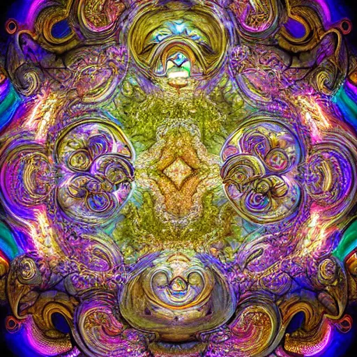 Image similar to a beautiful intricate stone carving of a sprawling psychedelic cathedral populated by mandelbrot fractals by android jones, carved soap, unreal engine, splashes of neon, volumetric lighting, dynamic lighting, bright, dramatic lighting, high contrast, neon glow, carved marble, opalescent, sacred geometry, religious, angelic, catholicpunk, stark, trending on artstation