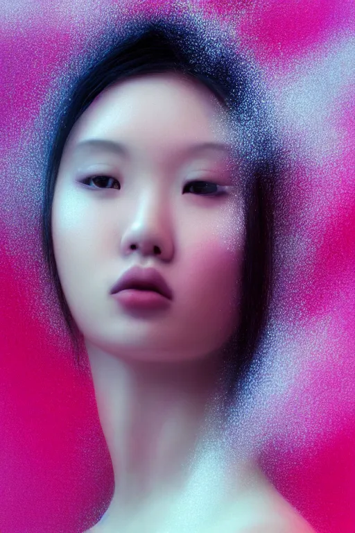 Prompt: insanely moody vaporwave portrait of a gorgeous asian beauty, motion blurred background, photorealism, cinema still, photography, porcelain skin, smooth, volumetric studio lighting, portrait photography, award winning photography, insane details, 8 k high definition, artstation