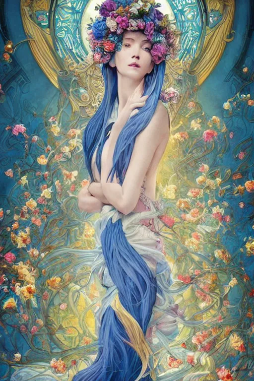 Image similar to breathtaking detailed painting by pilyeon and teffish on artstation, a full shot queen with long flowing bright blue hair, gauze dress and pastel flowers petals and golden tumultuous clouds, symmetrical facial features, at dawn in front of a pristine golden art nouveau cathedral, elegant, highly detailed, artstation, concept art, matte, sharp focus,