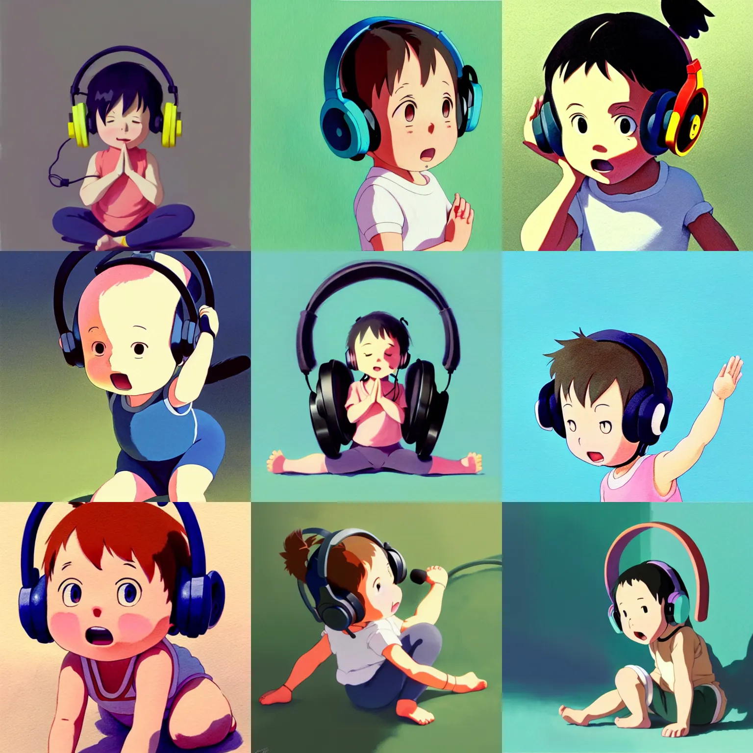 Prompt: a wholesome animation key shot of a cute baby yoga wearing oversized headphones, studio ghibli, pixar and disney animation, sharp, rendered in gouache painting, anime gouache key art by greg rutkowski, bloom, dramatic, dynamic lighting