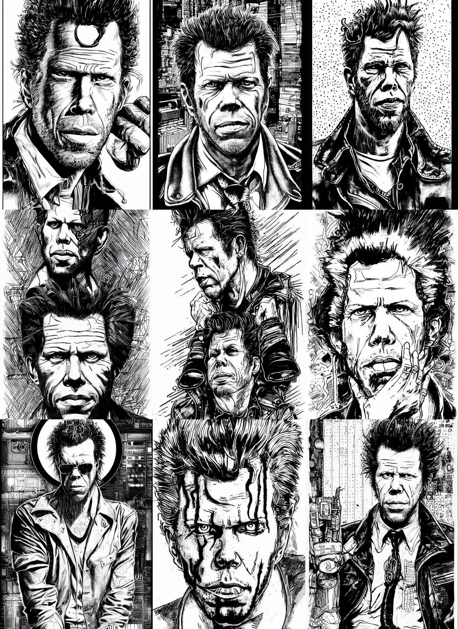 Prompt: tom waits, portrait, cyberpunk 2 0 2 0 manual, by steampoweredmikej, inktober, ink drawing, black and white, coloring pages, manga, highly detailed